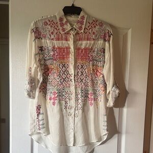 Johnny Was Multicolor Embroidered Button-Down Shirt